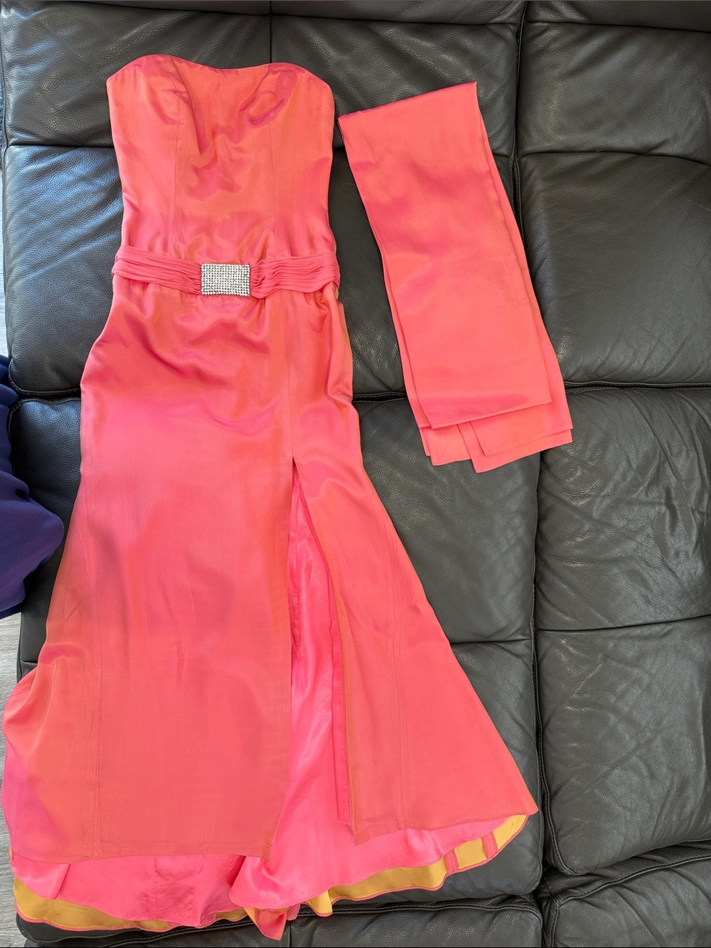 Jovani Strapless Coral Pink Evening Gown with Rhinestone Waist